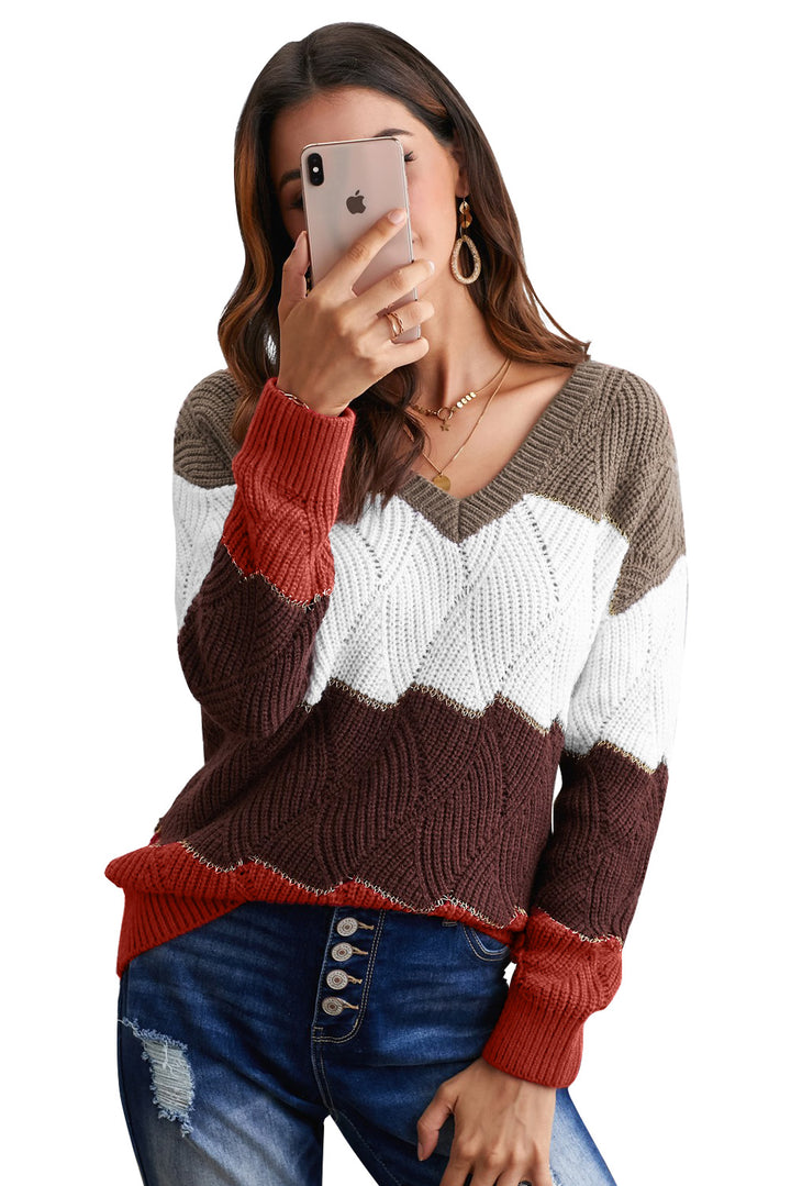 Women's Brown Colorblock V Neck Textured Knit Sweater
