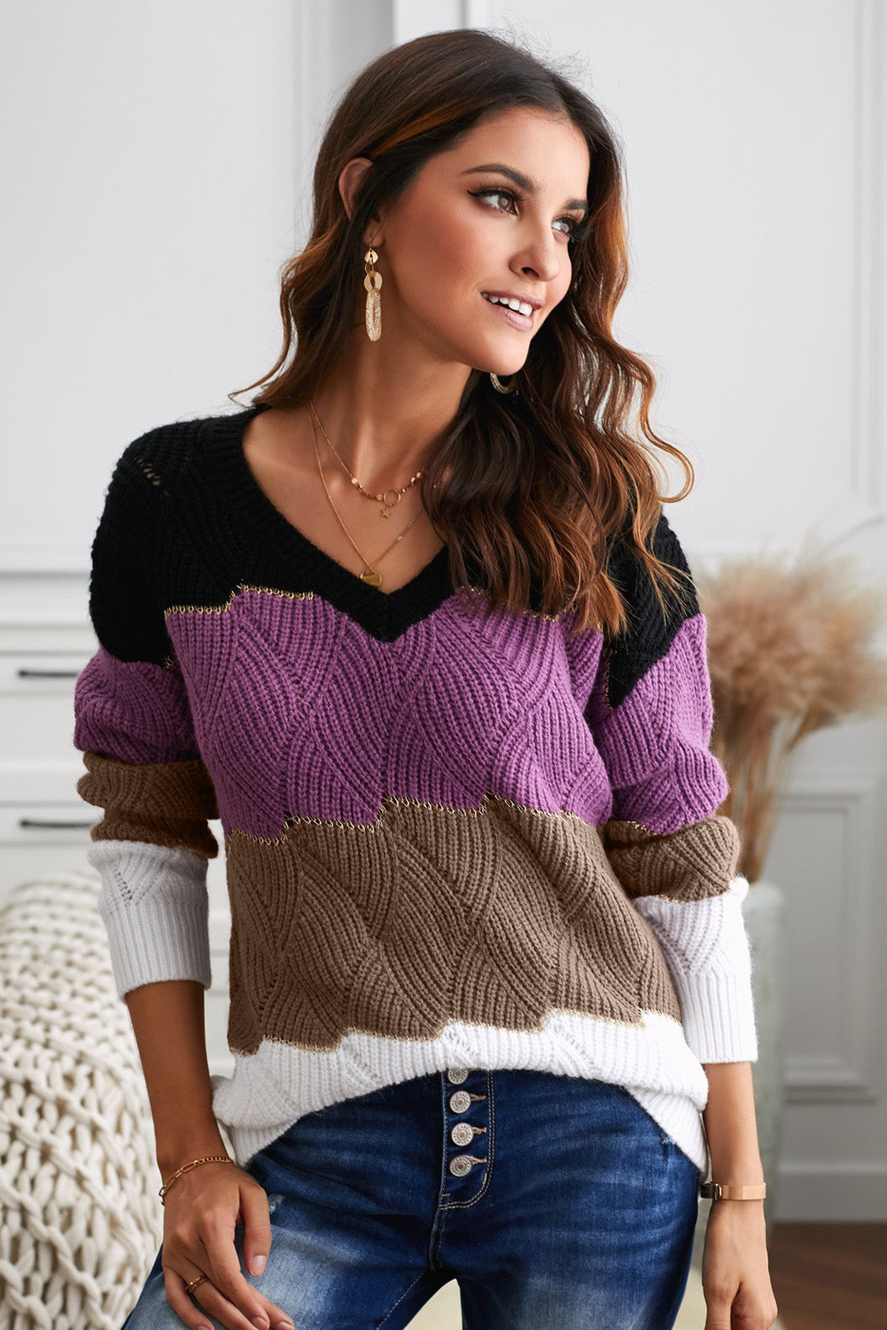 Women's Black Colorblock V Neck Textured Knit Sweater