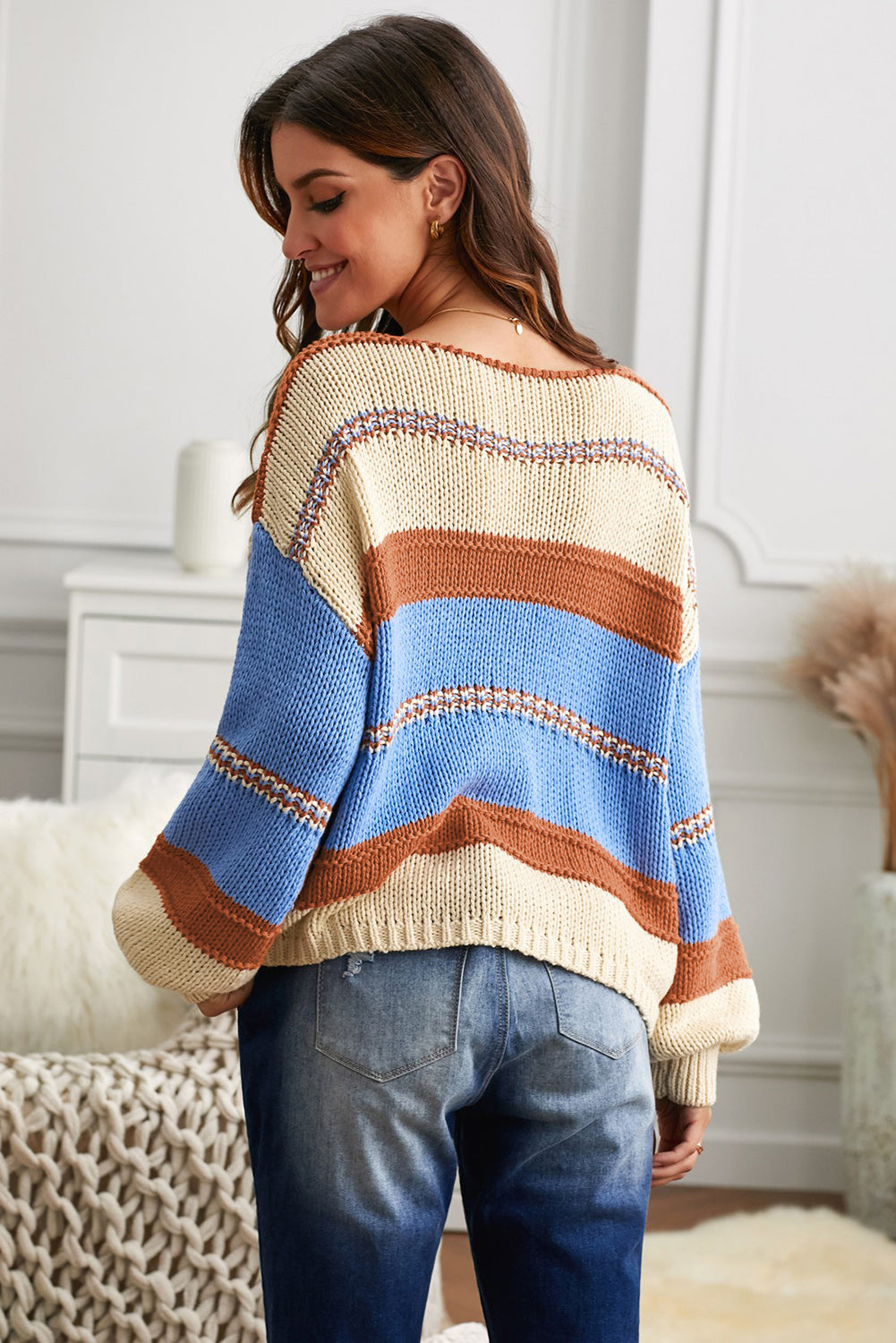 Orange Blue Striped V-neck Knitted Pullover Sweater