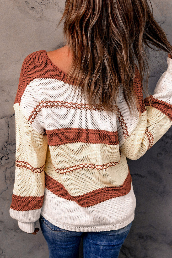 Beige Red Striped V-neck Knitted Pullover Sweater