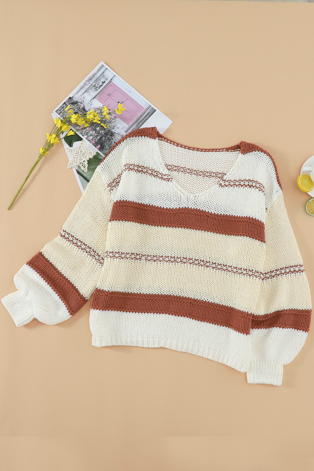 Beige Red Striped V-neck Knitted Pullover Sweater