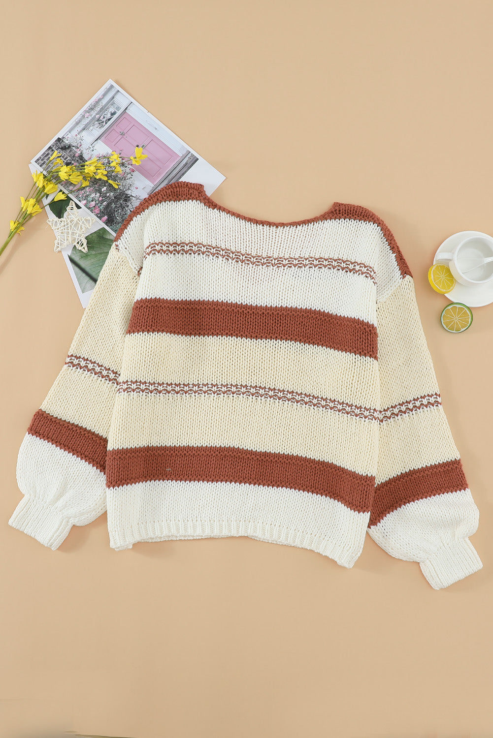 Beige Red Striped V-neck Knitted Pullover Sweater