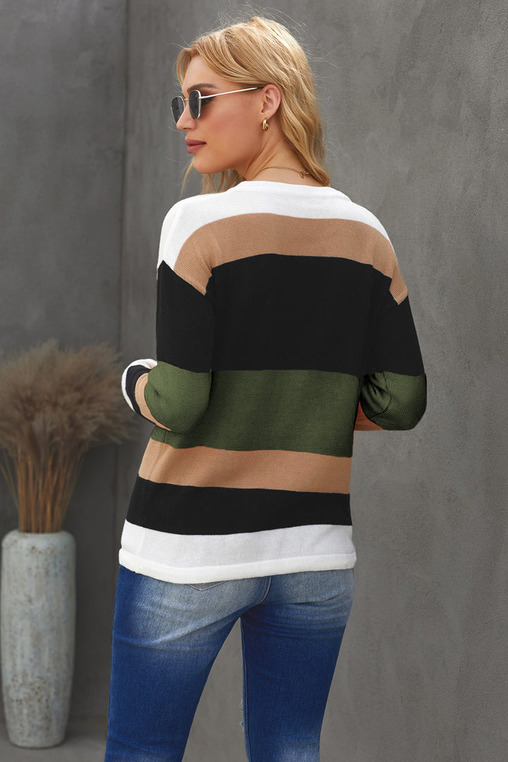 Casual Green Black Colorblock Knit Sweater