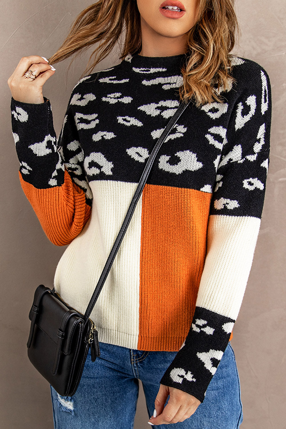 Leopard Colorblock Mock Neck Sweater