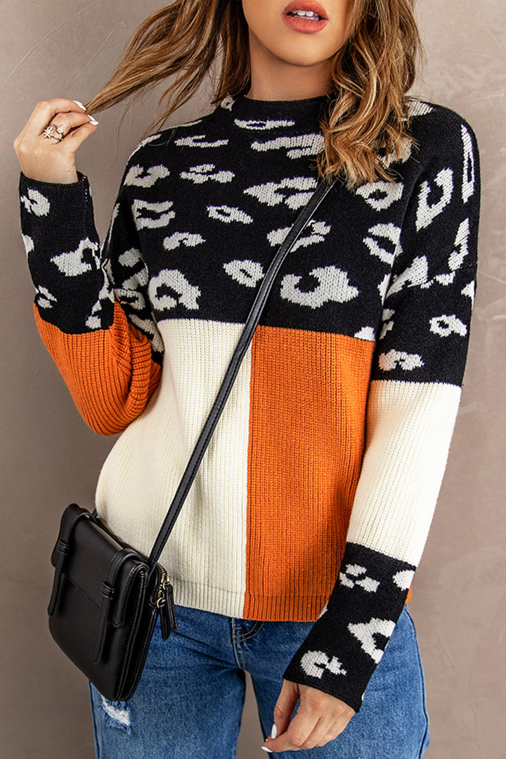 Leopard Colorblock Mock Neck Sweater