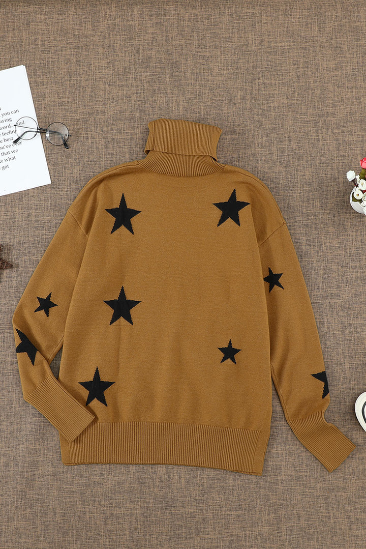 Winter Khaki Turtleneck Dropped Sleeve Star Print Sweater