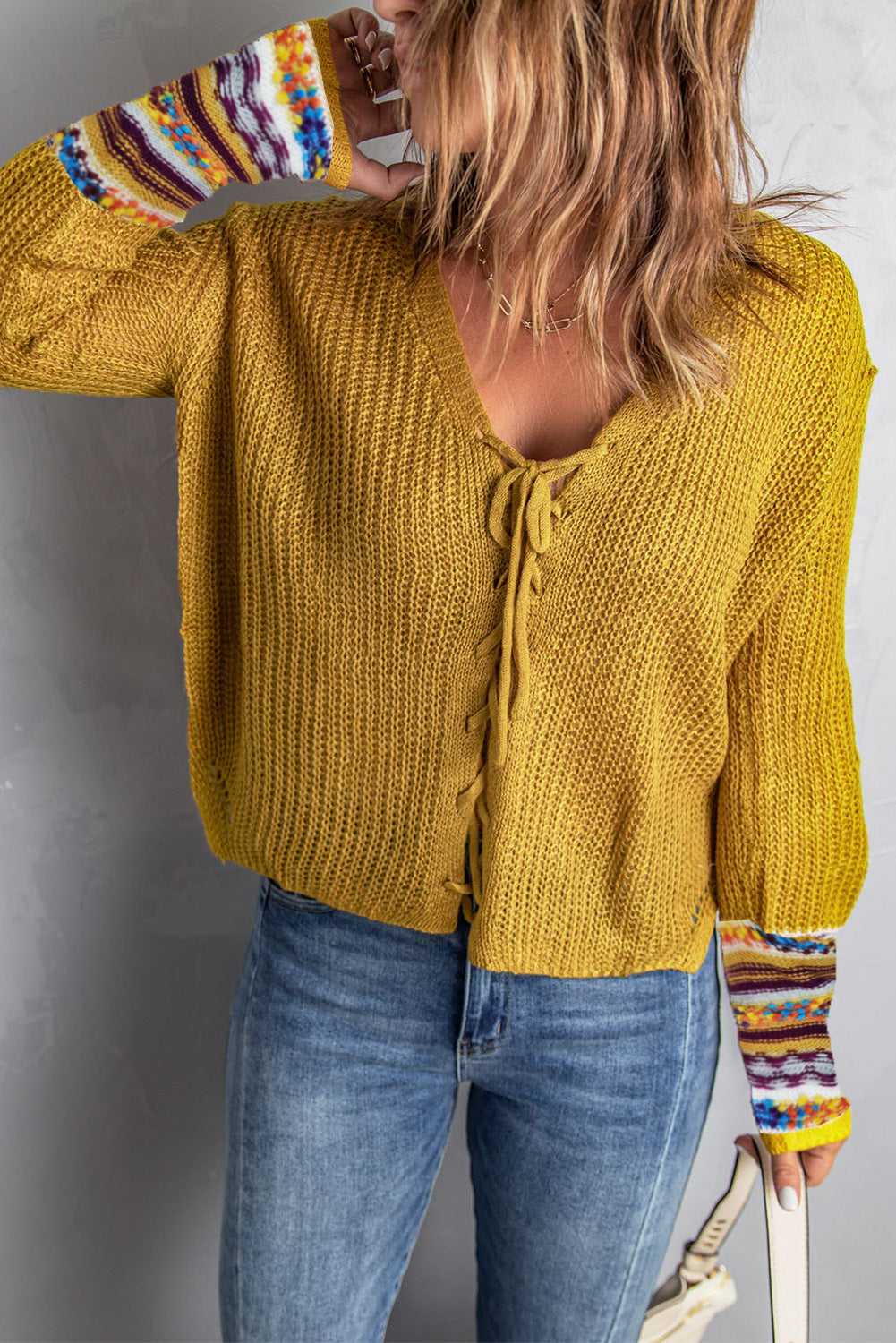 Yellow Lace up V Neck Knit Sweater