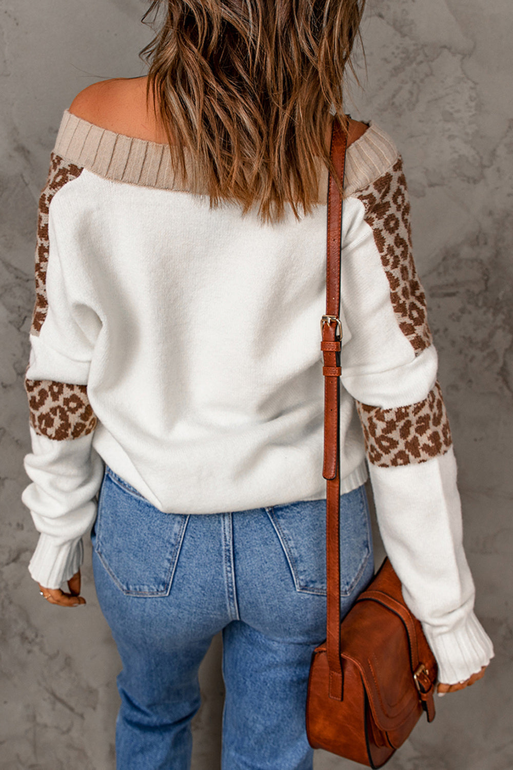 Fashion Leopard Splicing Off Shoulder Pullover Sweater