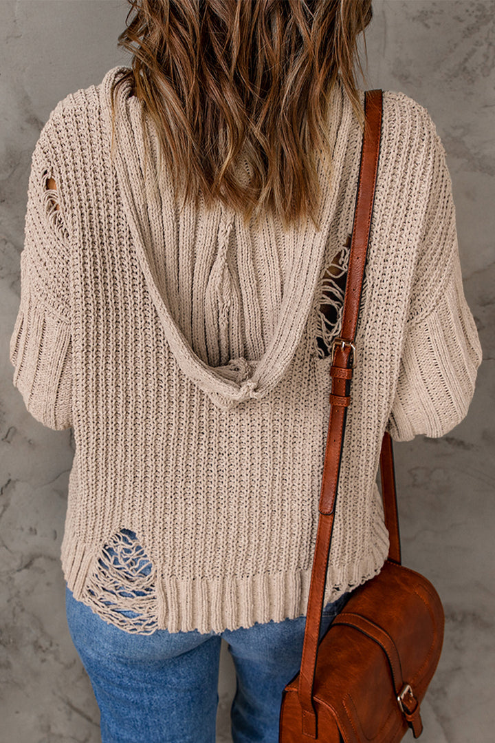 Lace Up V Neck Ripped Slouchy Hooded Sweater