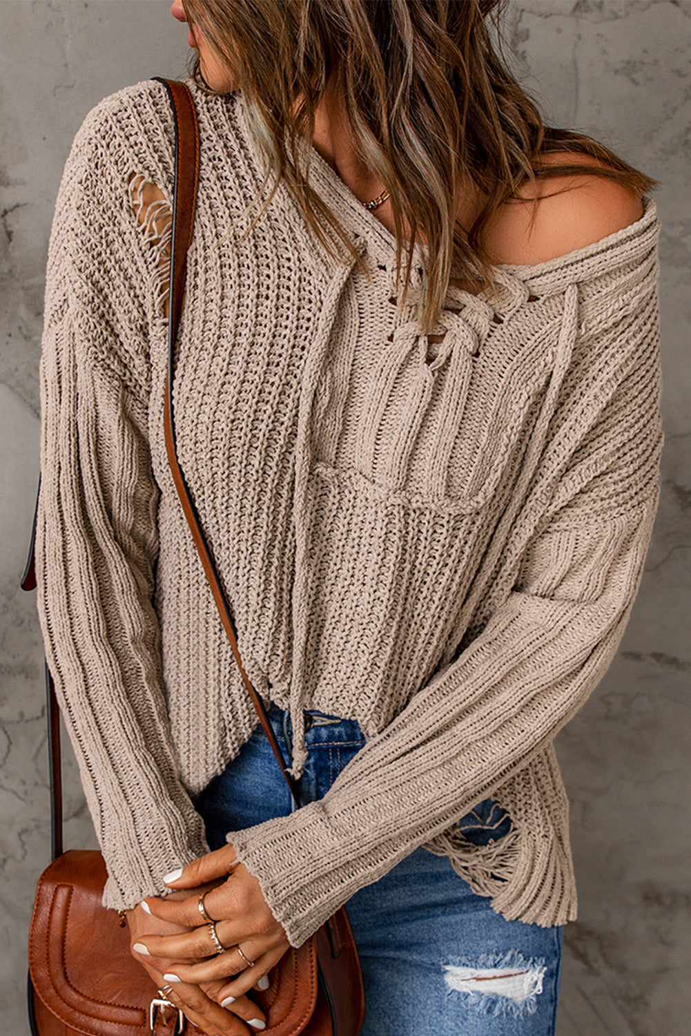 Lace Up V Neck Ripped Slouchy Hooded Sweater
