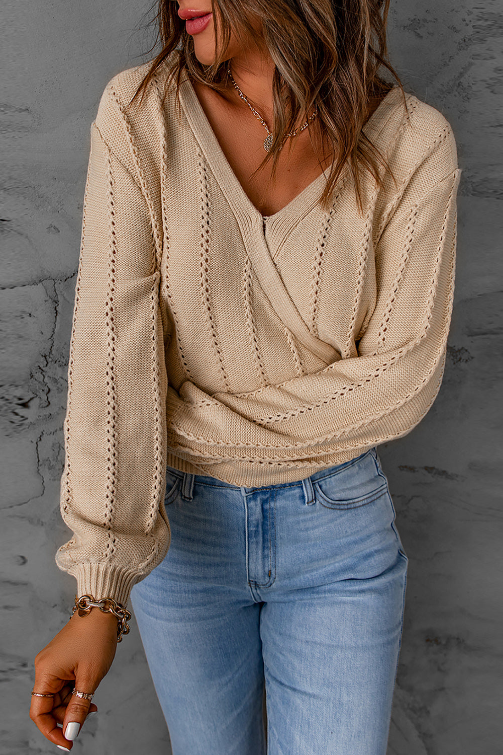 Comfy Apricot Hollow Out V Neck Pullover Sweater