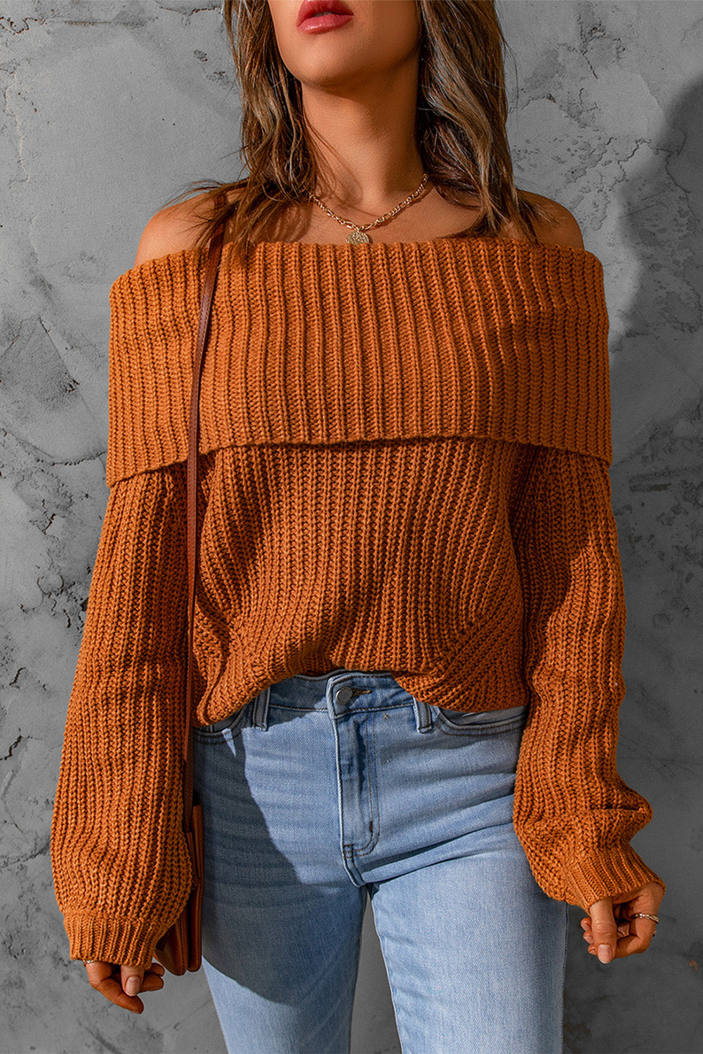 Brown Ribbed Knit Off Shoulder Sweater