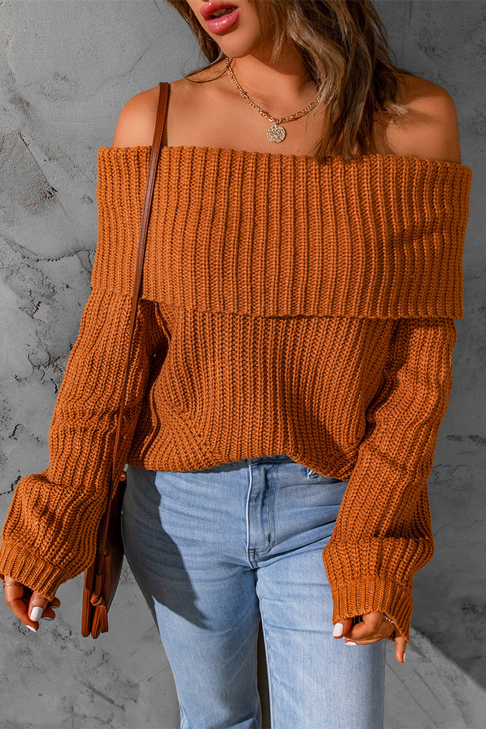 Brown Ribbed Knit Off Shoulder Sweater