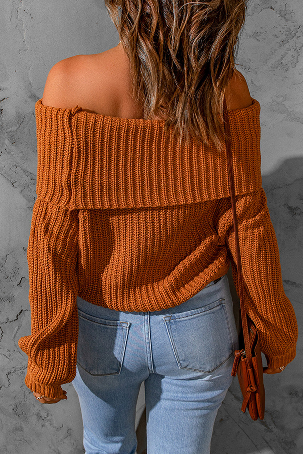 Brown Ribbed Knit Off Shoulder Sweater