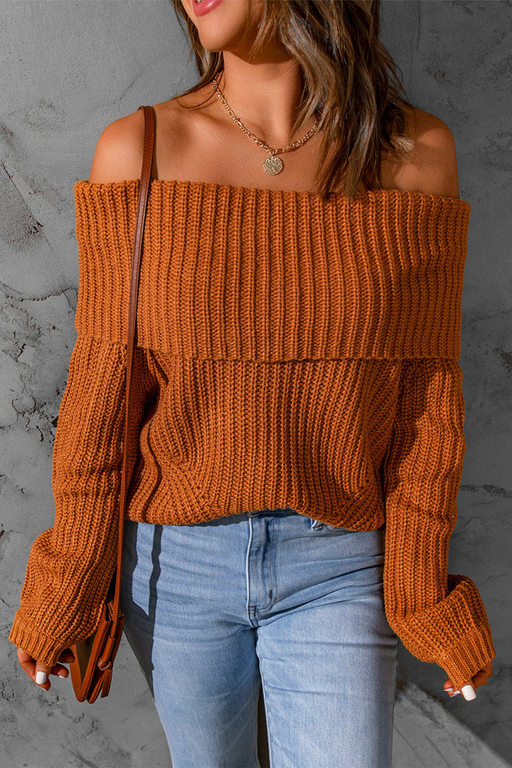 Brown Ribbed Knit Off Shoulder Sweater