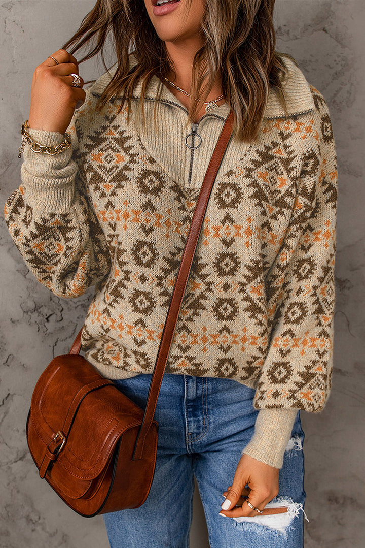 Casual Khaki Aztec Knitted Drop Shoulder Zipped Sweater