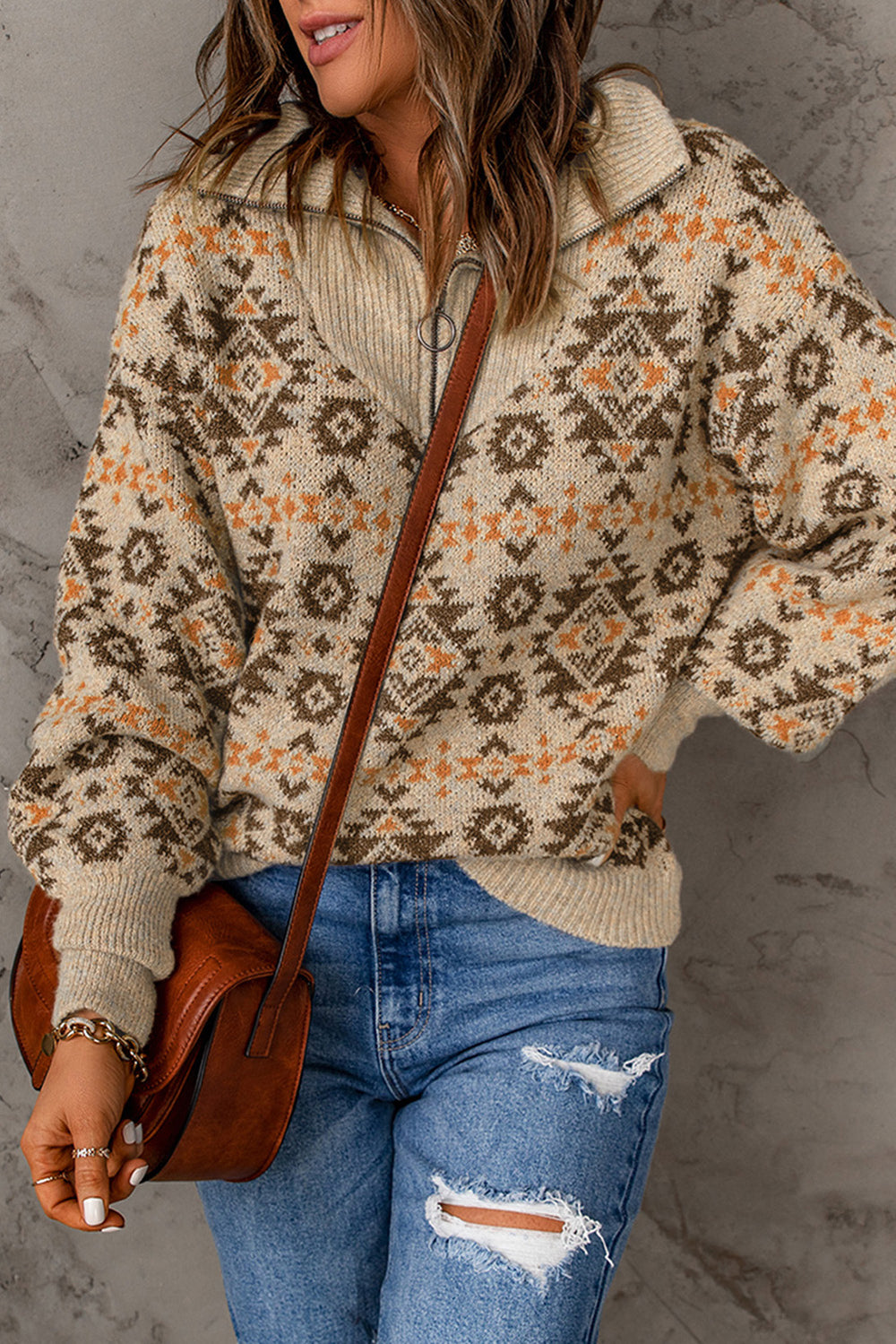 Casual Khaki Aztec Knitted Drop Shoulder Zipped Sweater