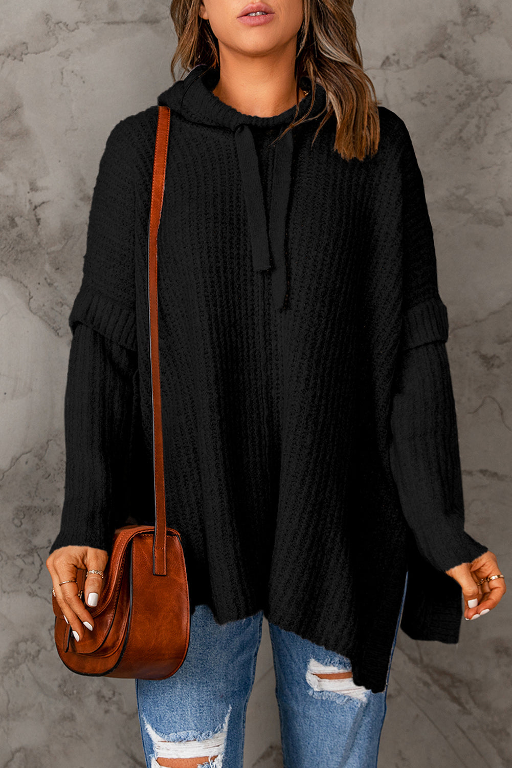 Black Waffle Knit Loose Slit Drawstring Hooded Sweater