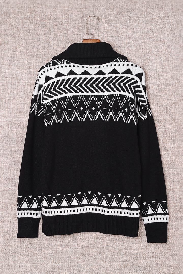Black Geometry Knit Quarter Zip Sweater