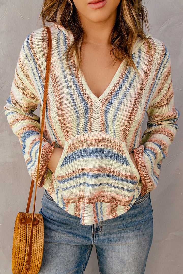 Casual Multicolor Striped Knit Kangaroo Pocket Hooded Sweater
