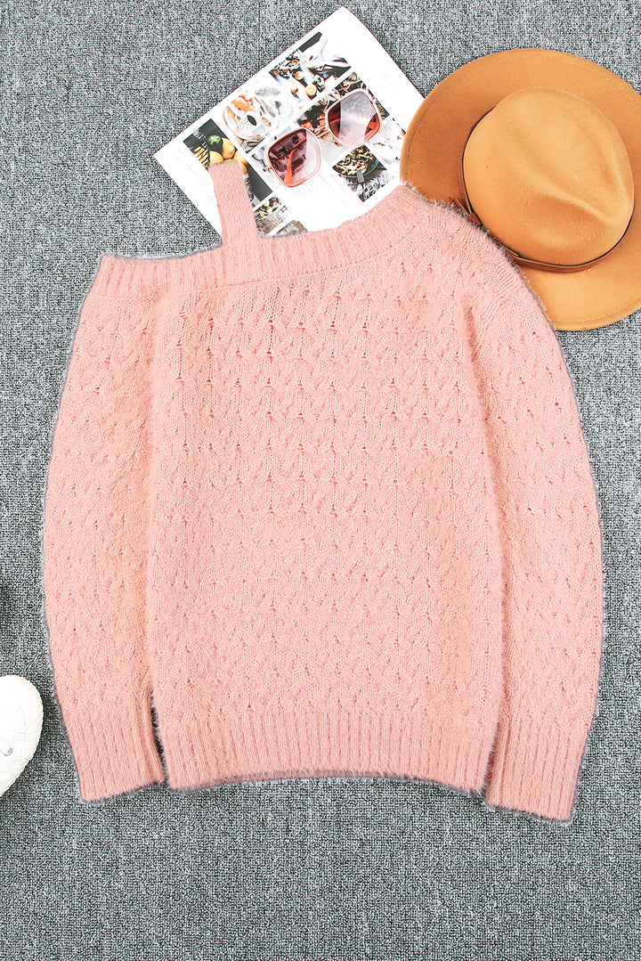 Pink Asymmetric Cut Out Cold Shoulder Eyelash Sweater