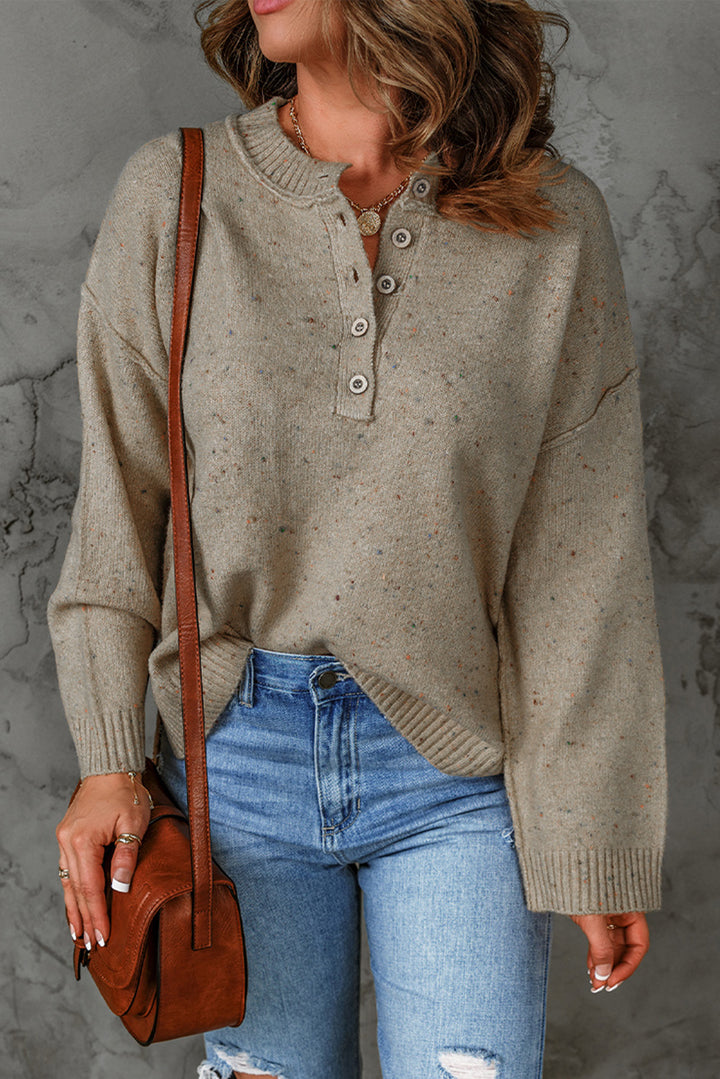 Khaki Buttoned V Neck Colorful Pilling Sweater