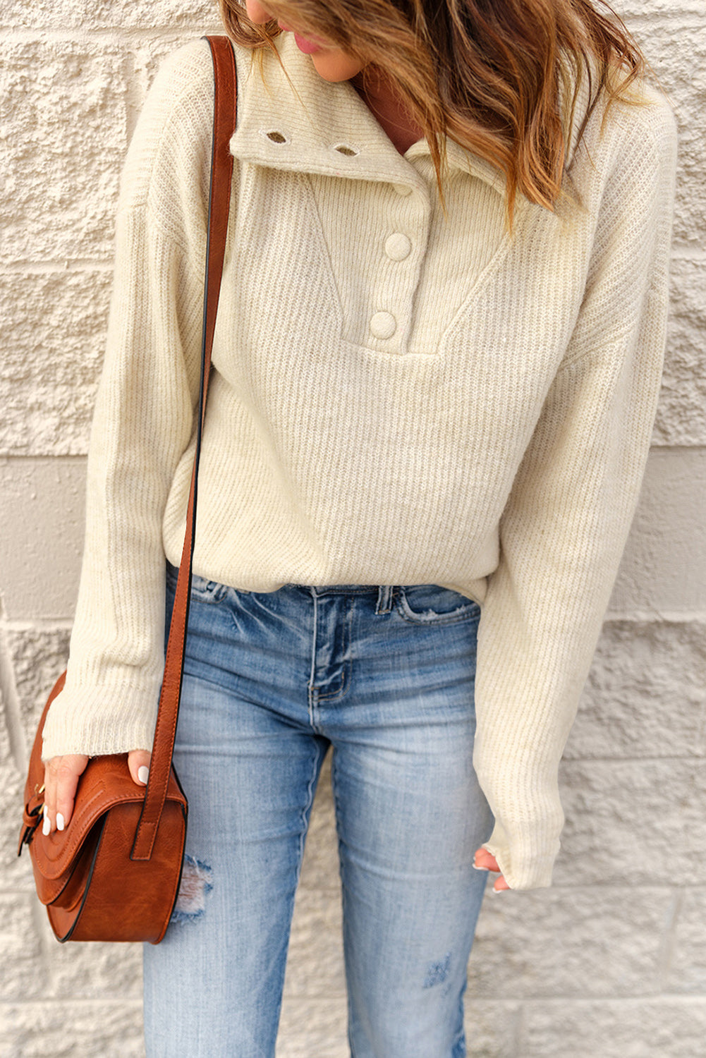 Apricot Buttoned Turn Down Collar Comfy Ribbed Sweater