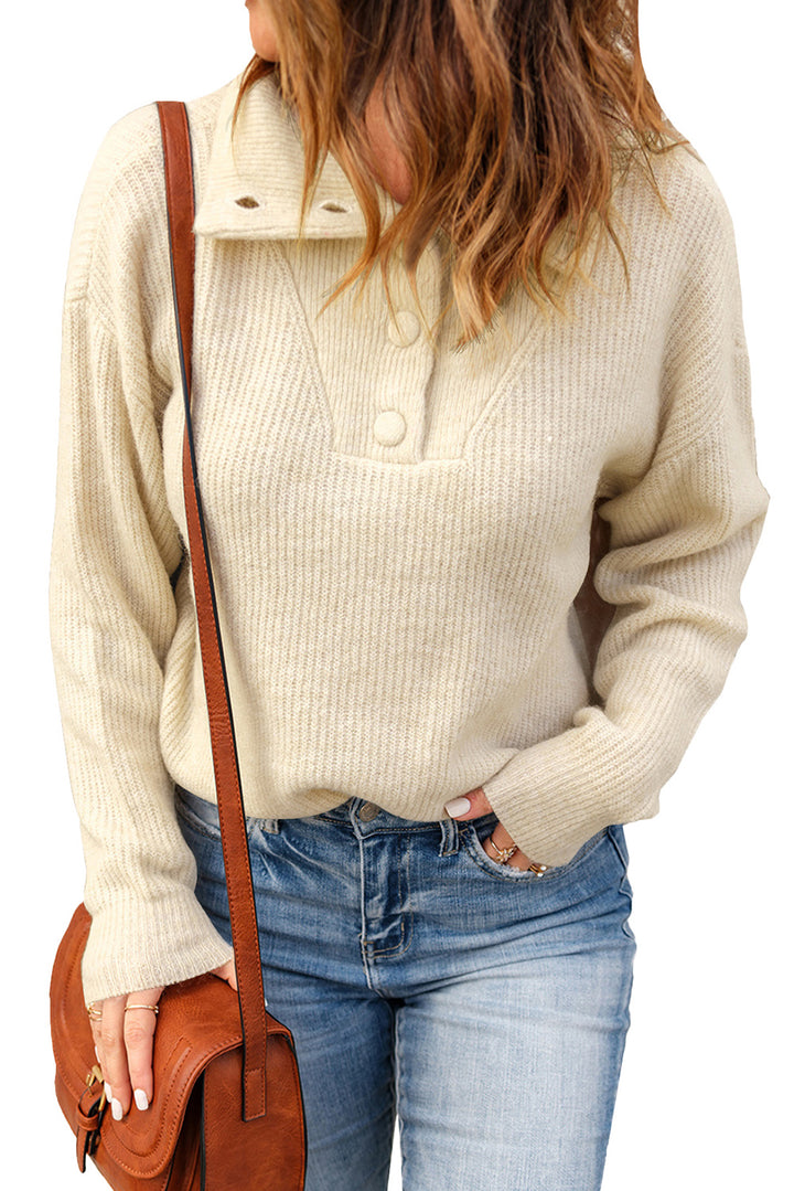 Apricot Buttoned Turn Down Collar Comfy Ribbed Sweater