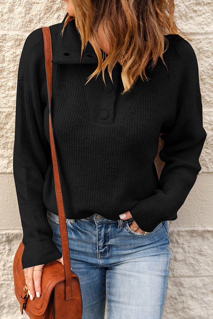 Black Buttoned Turn Down Collar Comfy Ribbed Sweater