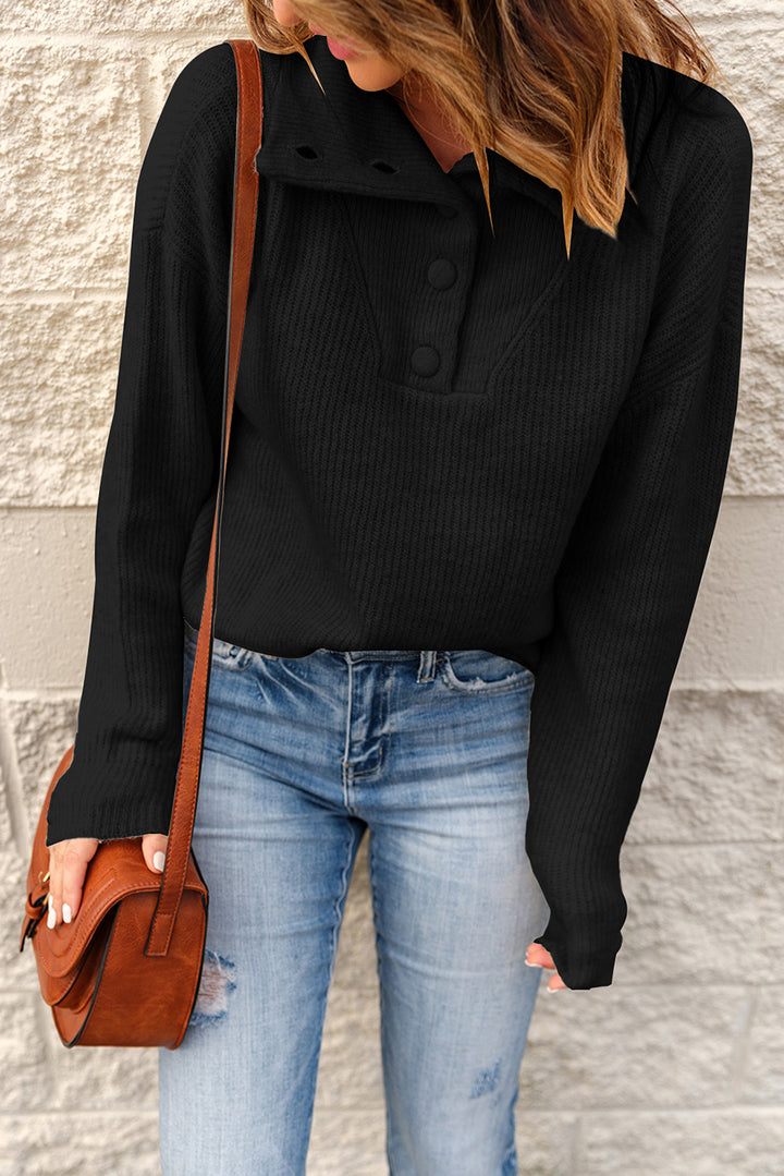 Black Buttoned Turn Down Collar Comfy Ribbed Sweater