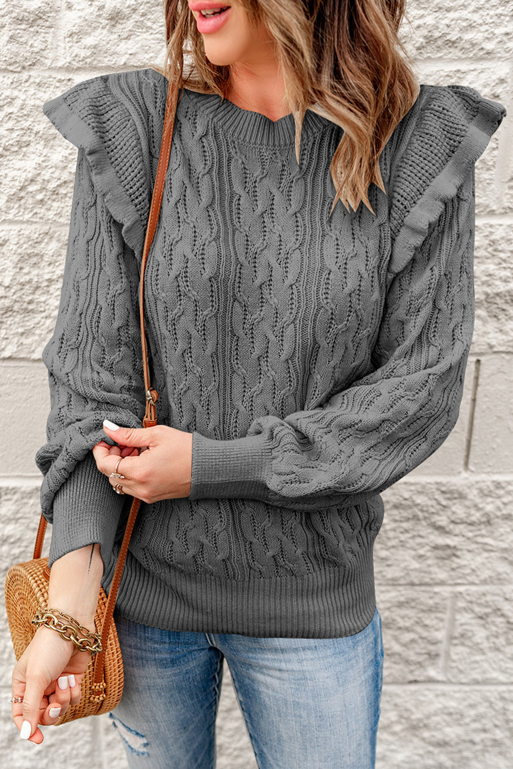 Fashion Gray Frilled Shoulder Detail Cable Knit Sweater