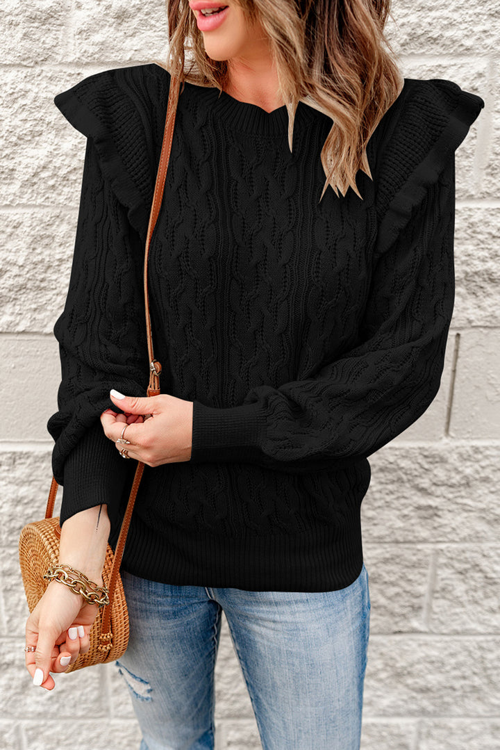 Chic Black Frilled Shoulder Detail Cable Knit Sweater
