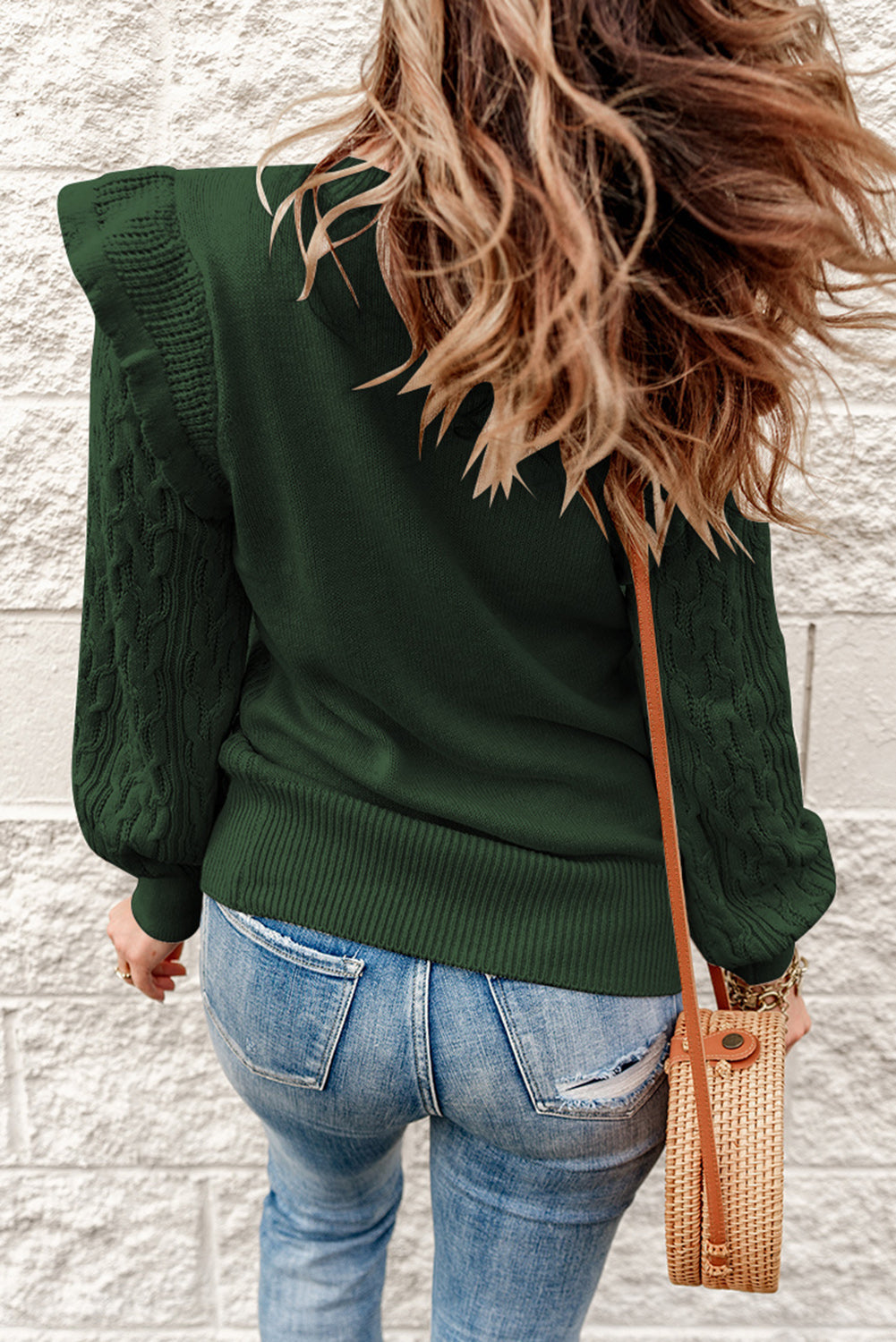 Chic Green Frilled Shoulder Detail Cable Knit Sweater