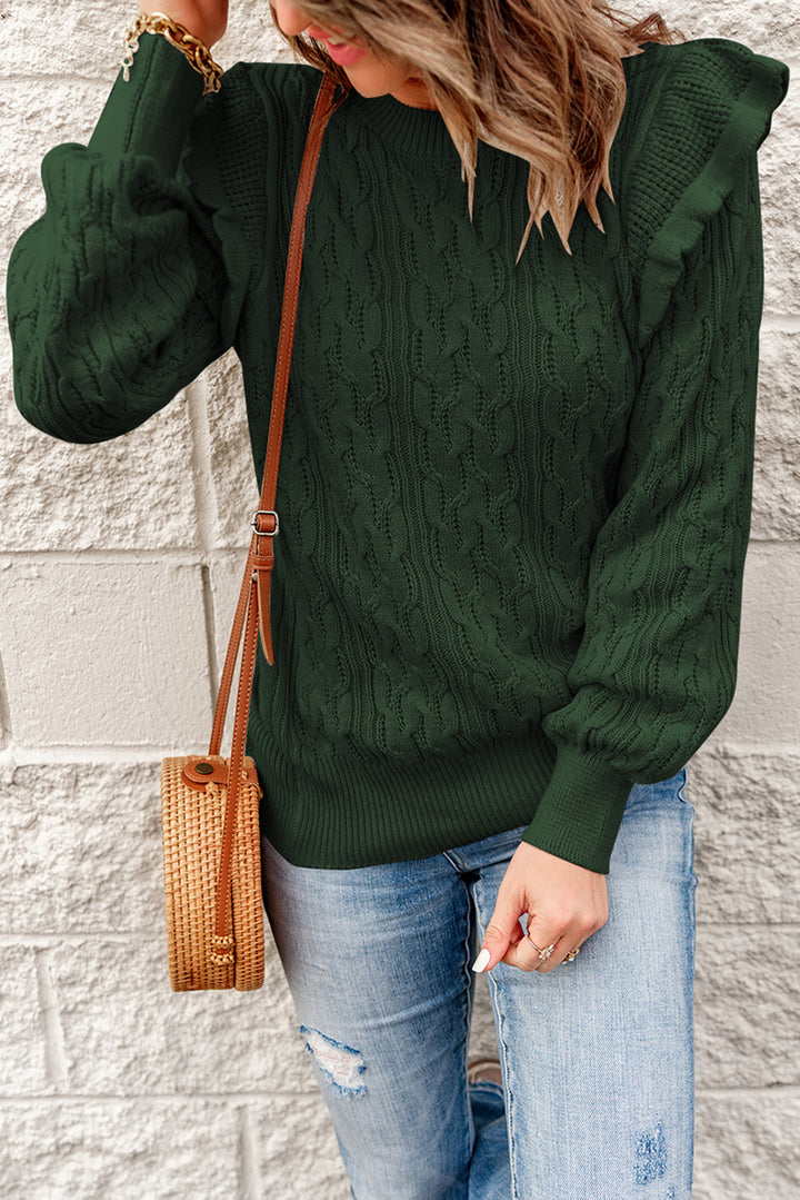 Chic Green Frilled Shoulder Detail Cable Knit Sweater