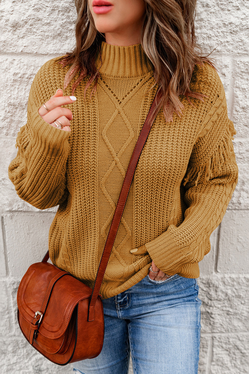 Winter Brown Mixed Textures Fringe High Neck Sweater