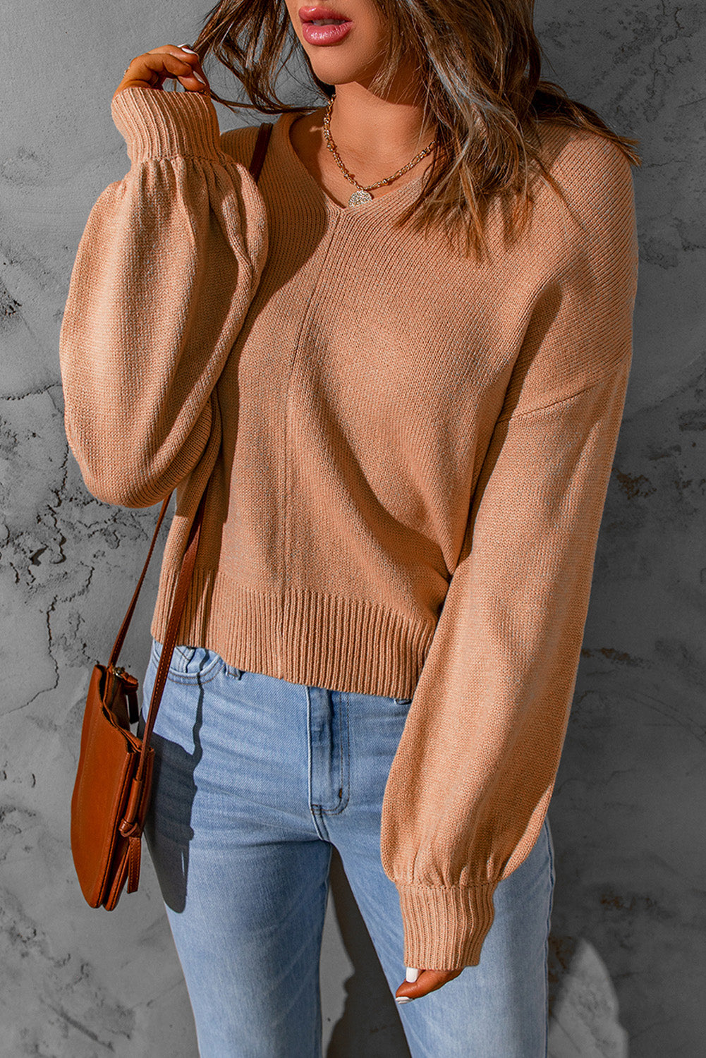 Casual Apricot V Neck Twist Cutout Back Rib Cuffs Sweater