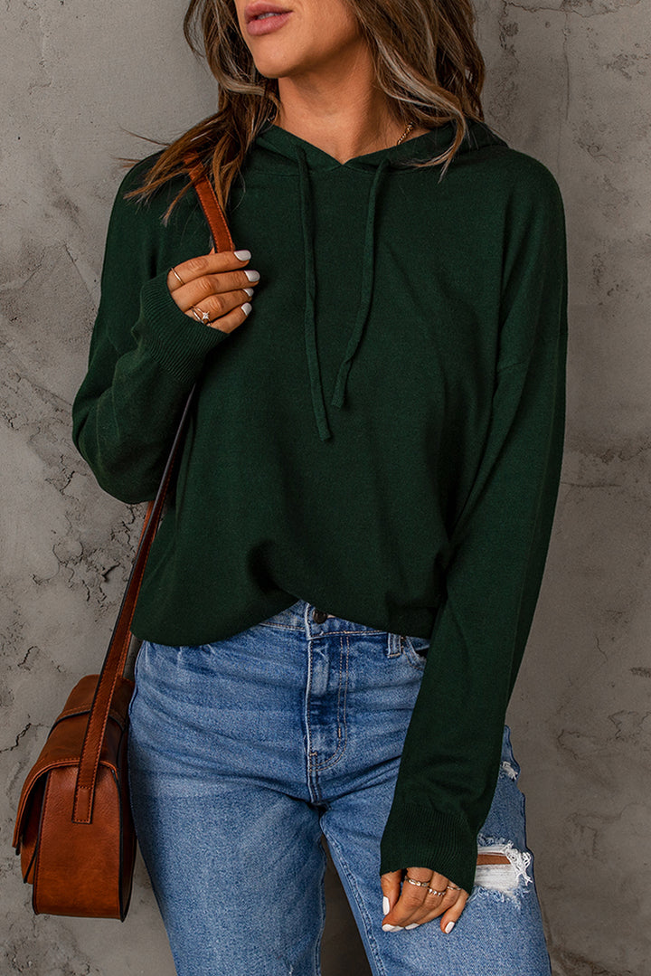 Green Drop Sleeve Knitted Pullover Hooded Sweater