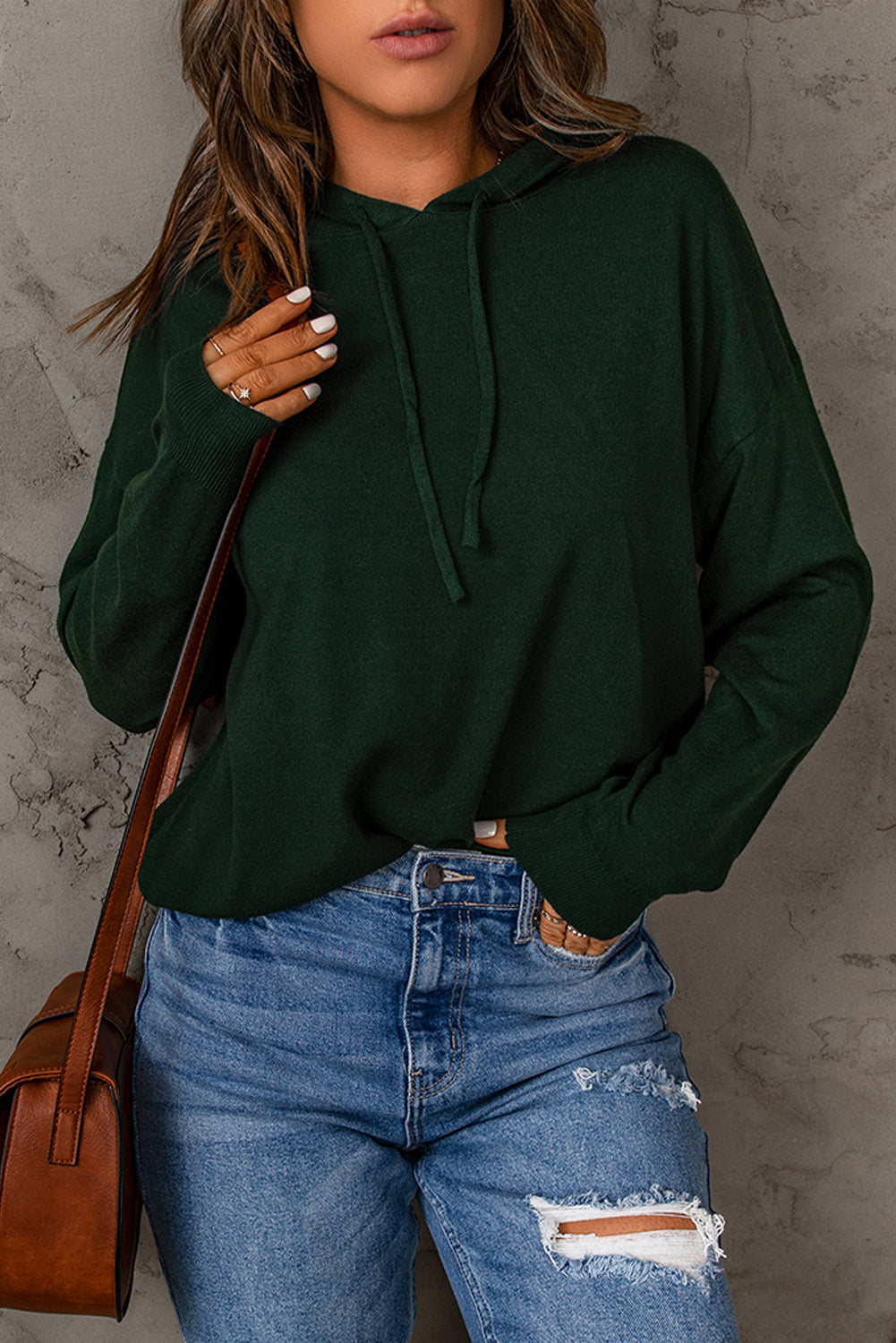Green Drop Sleeve Knitted Pullover Hooded Sweater
