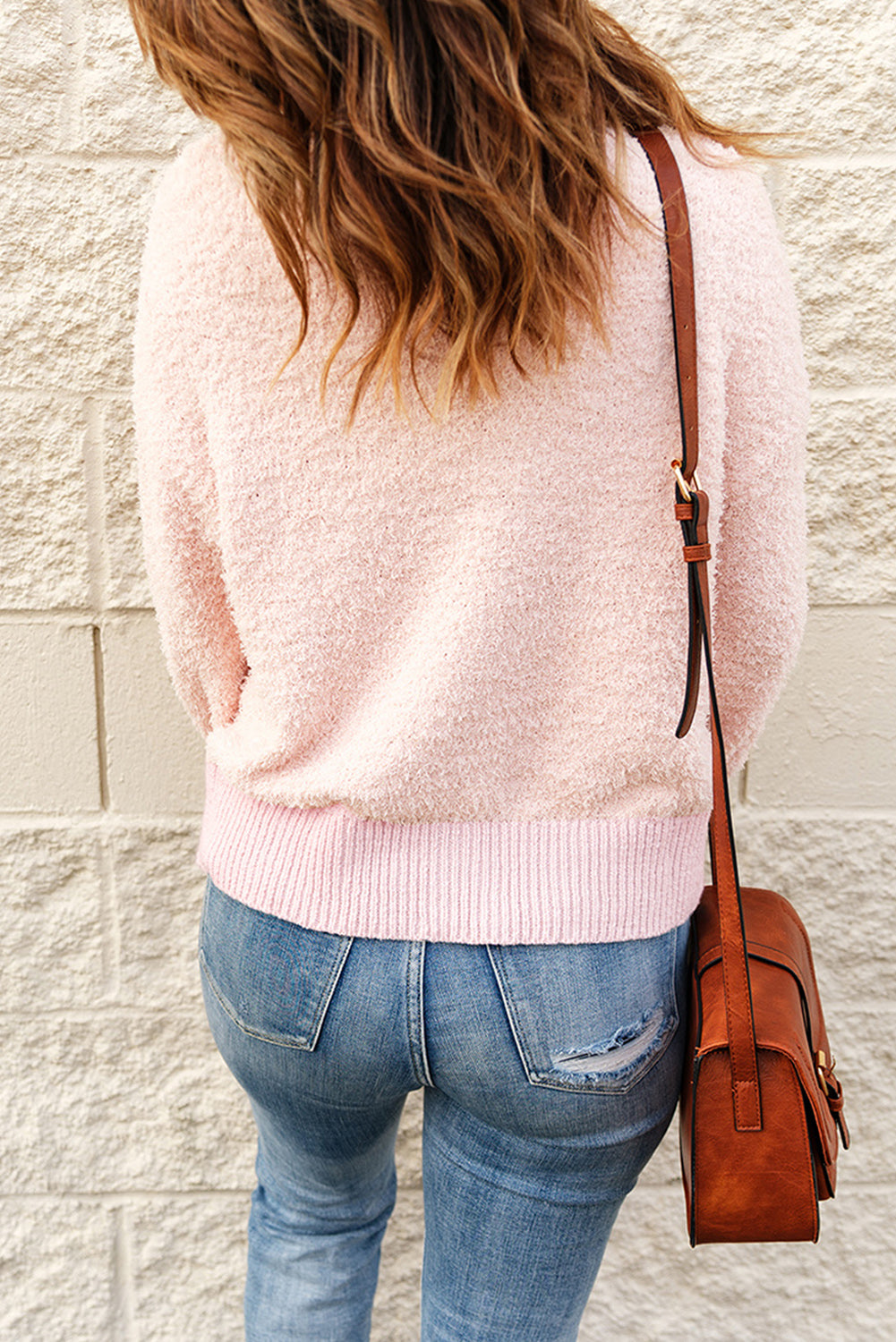 Pink Button Neckline Ribbed Trim Furry Knit Sweater