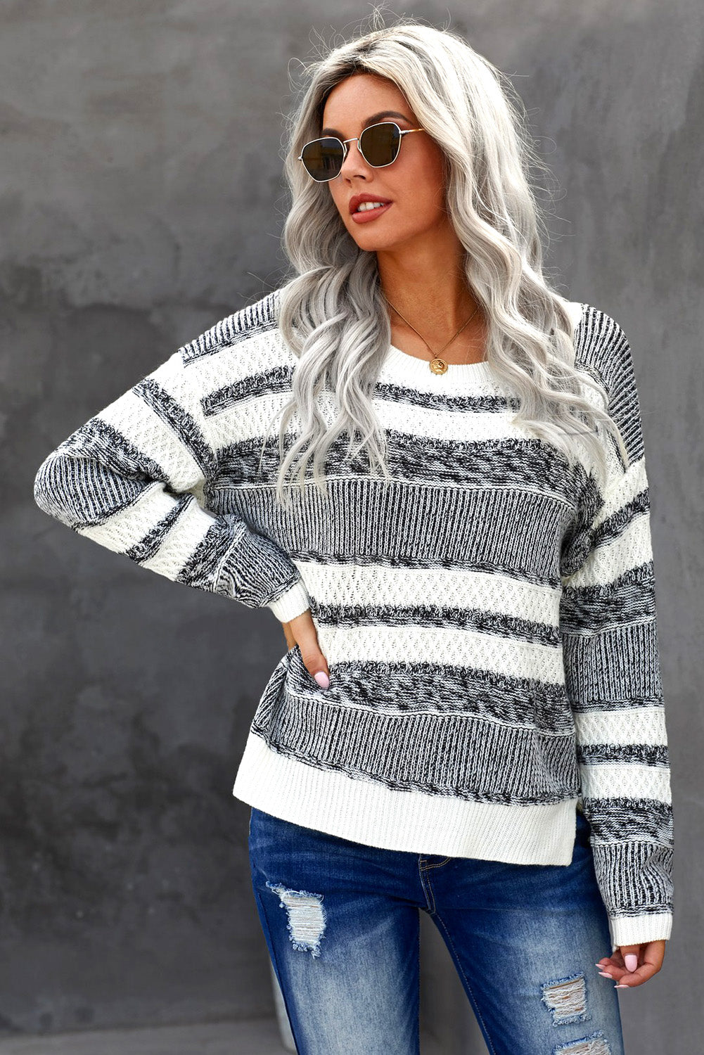 White Black Striped Pullover Knit Sweater