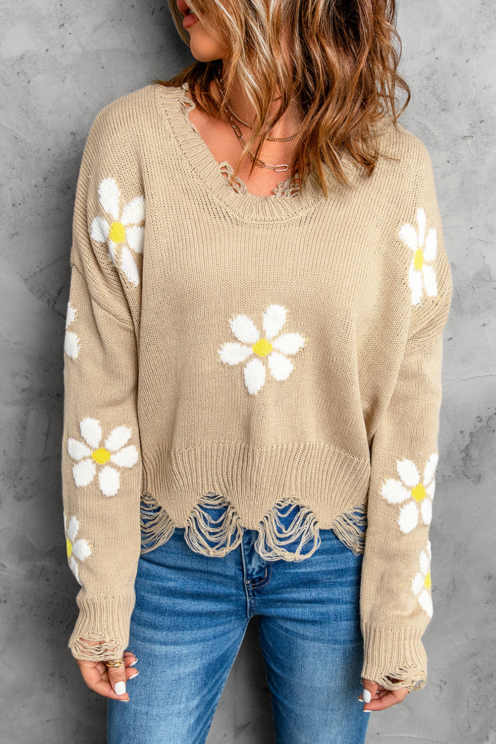 Fashion Khaki Daisy Pattern Knit Distressed Sweater