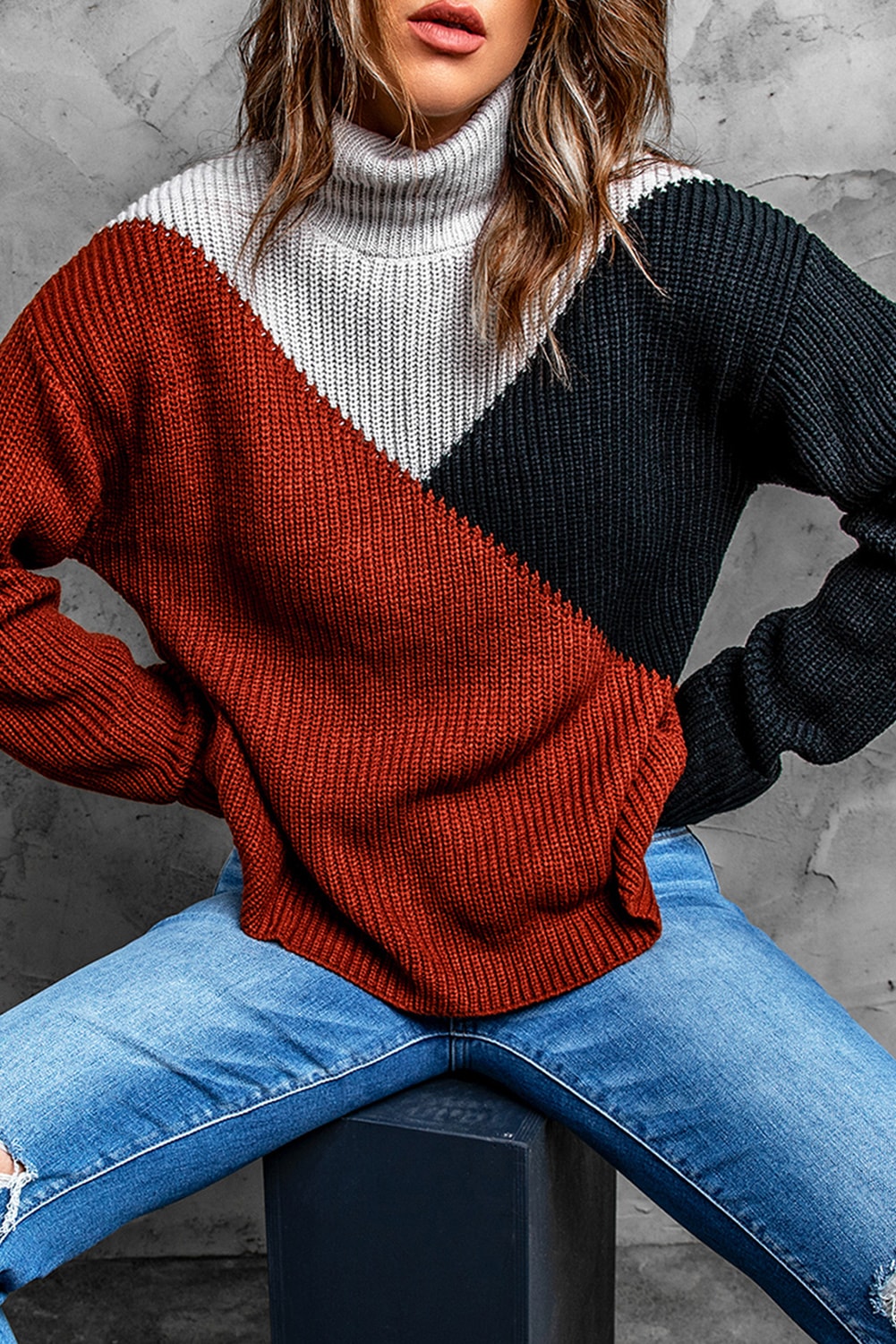 Winter Black Color Block Drop Shoulder Turtleneck Sweater