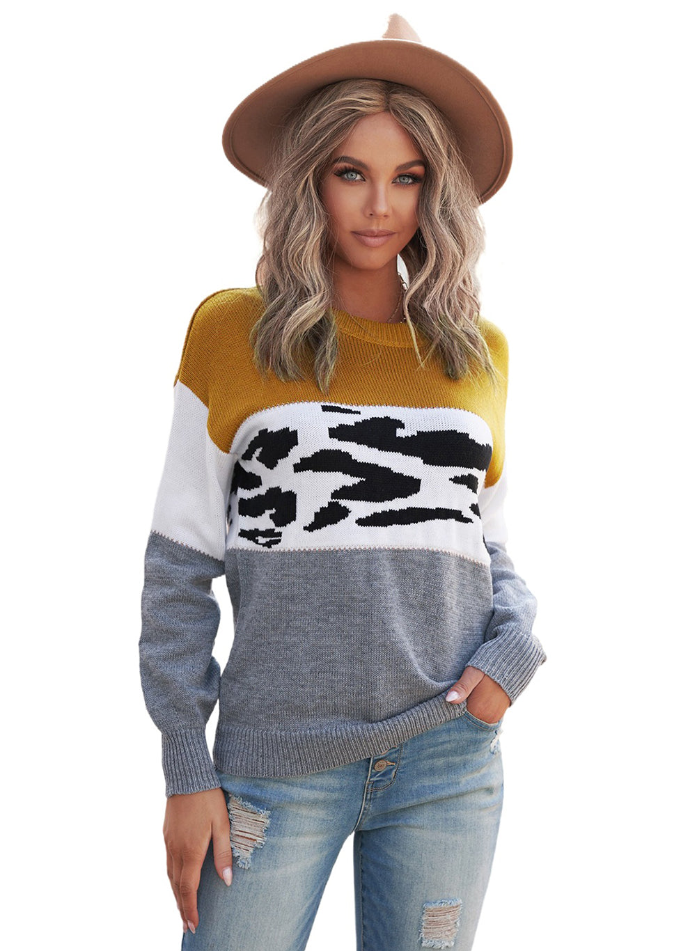 Women's Gray Color Block Leopard Splicing Sweater
