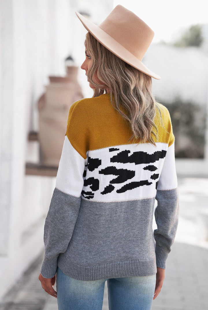 Women's Gray Color Block Leopard Splicing Sweater