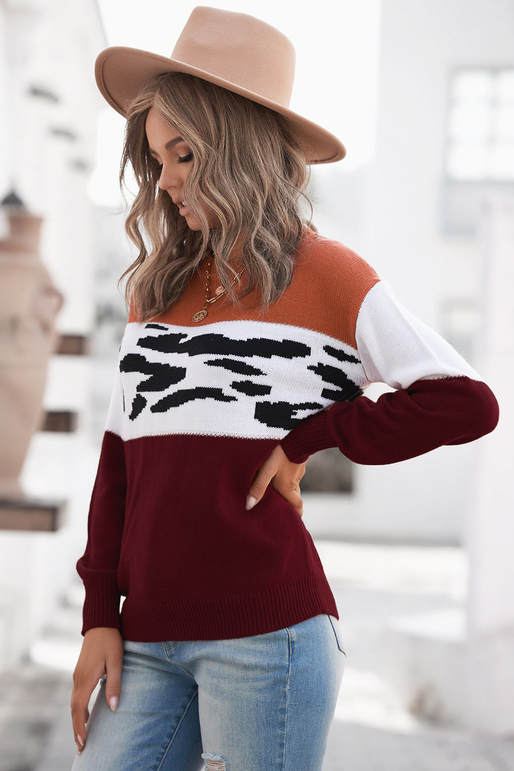 Women's Brown Color Block Leopard Splicing Sweater
