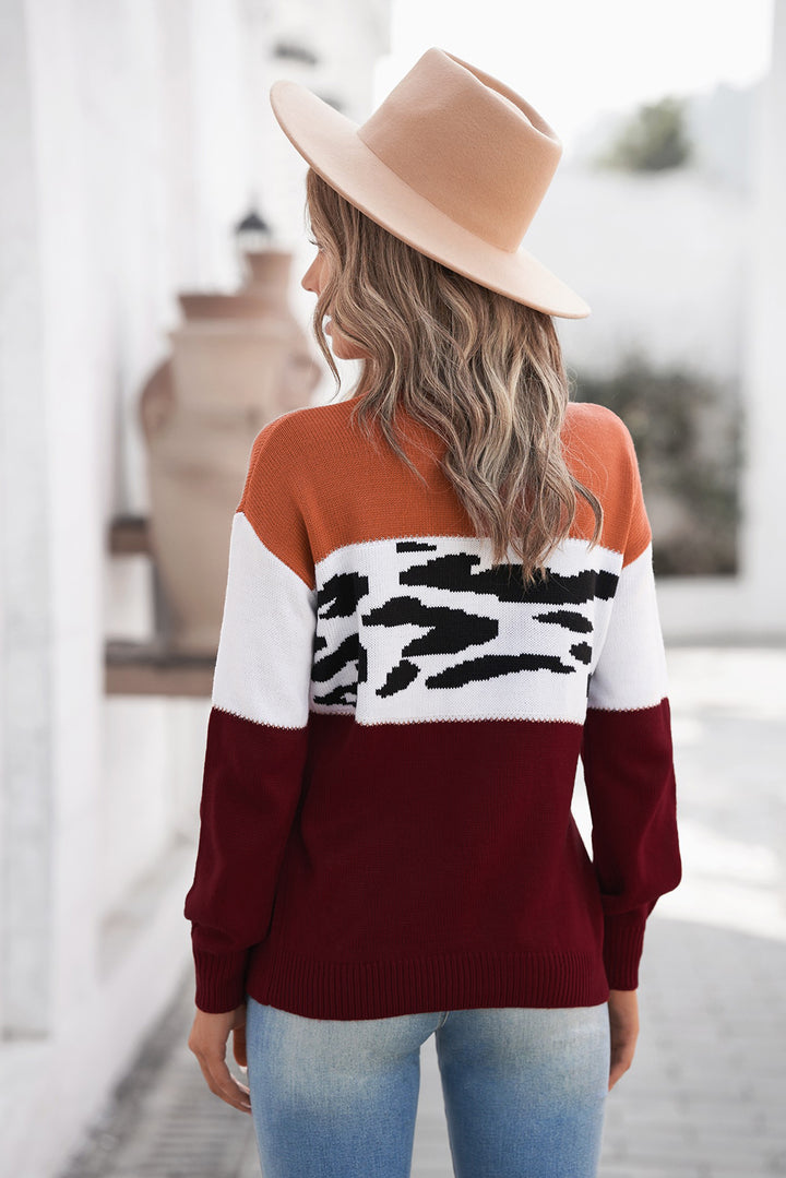 Women's Brown Color Block Leopard Splicing Sweater
