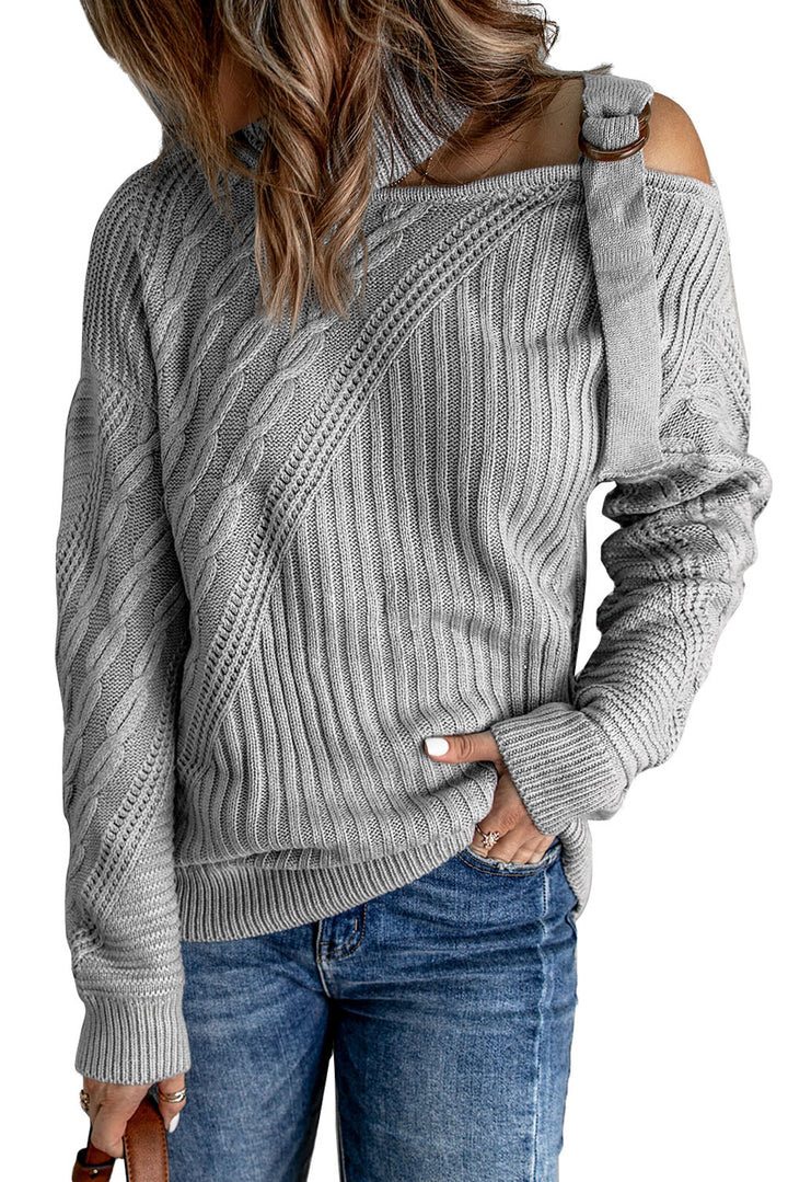 Gray Strapped Cut out Shoulder Turtleneck Sweater