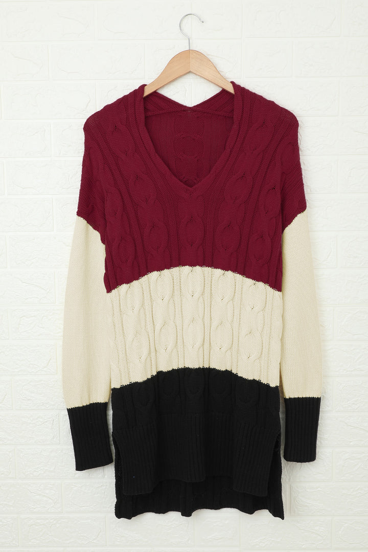 Women's Black Red Colorblock Cable Knit V Neck Sweater with Slits