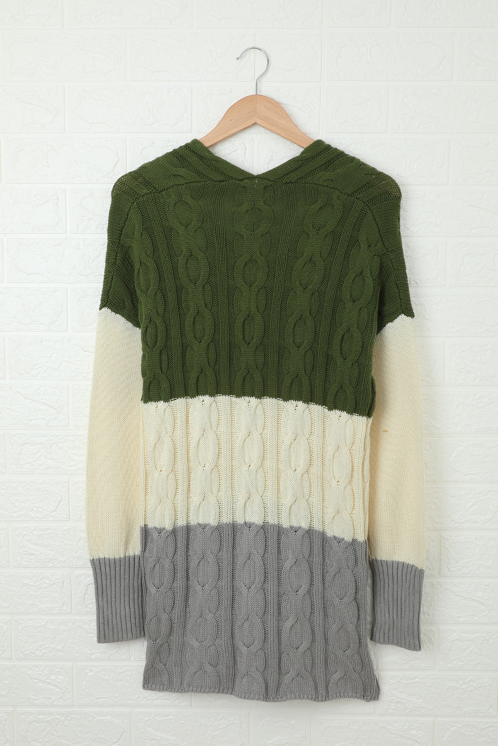 Women's Green Gray Colorblock Cable Knit Sweater with Slits
