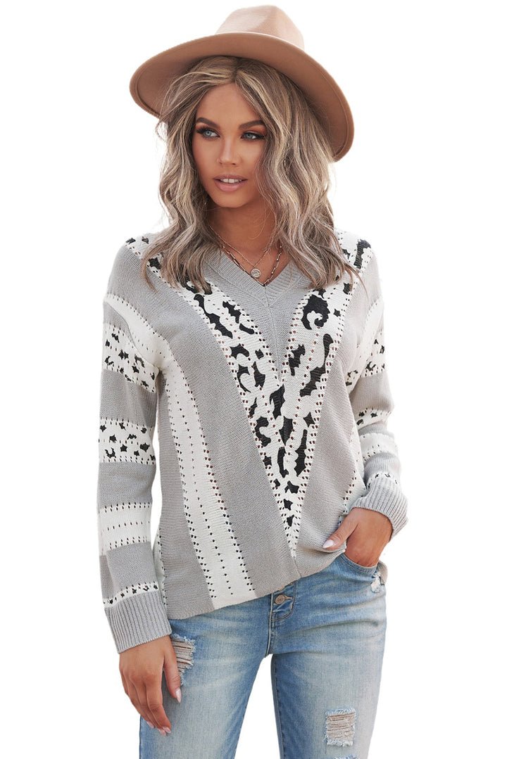 New Gray Animal Print Accent V Neck Sweater